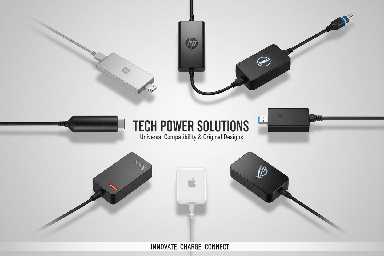 Generate a slide shows different brands for laptop adapters 